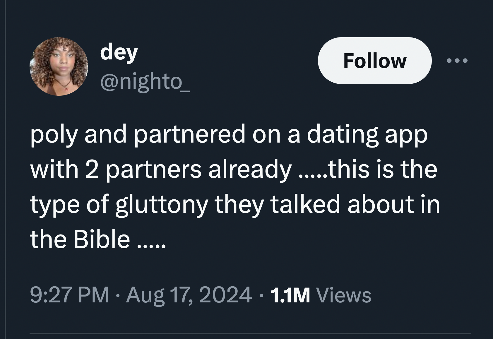 screenshot - dey poly and partnered on a dating app with 2 partners already .....this is the type of gluttony they talked about in the Bible ..... 1.1M Views